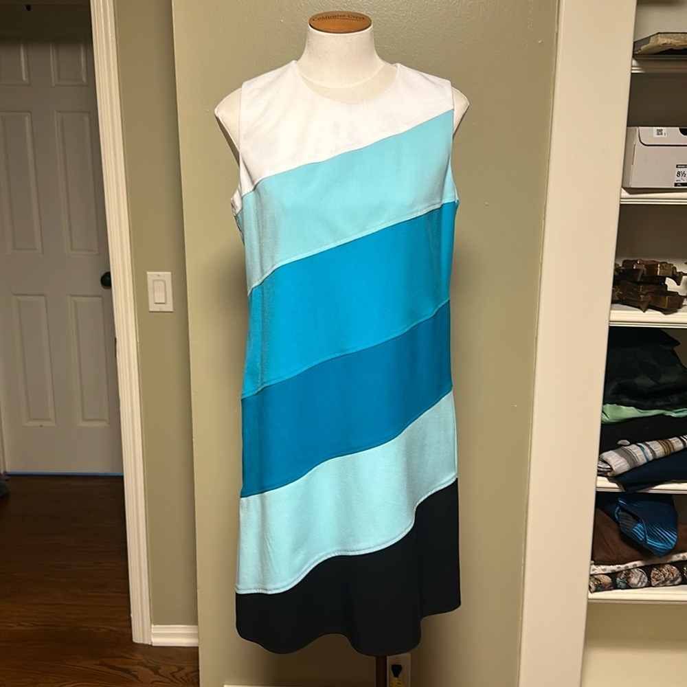EUC Ellen Tracy Turquoise Ombre Tank Sheath Dress Sz 8 High Neck Knee Length